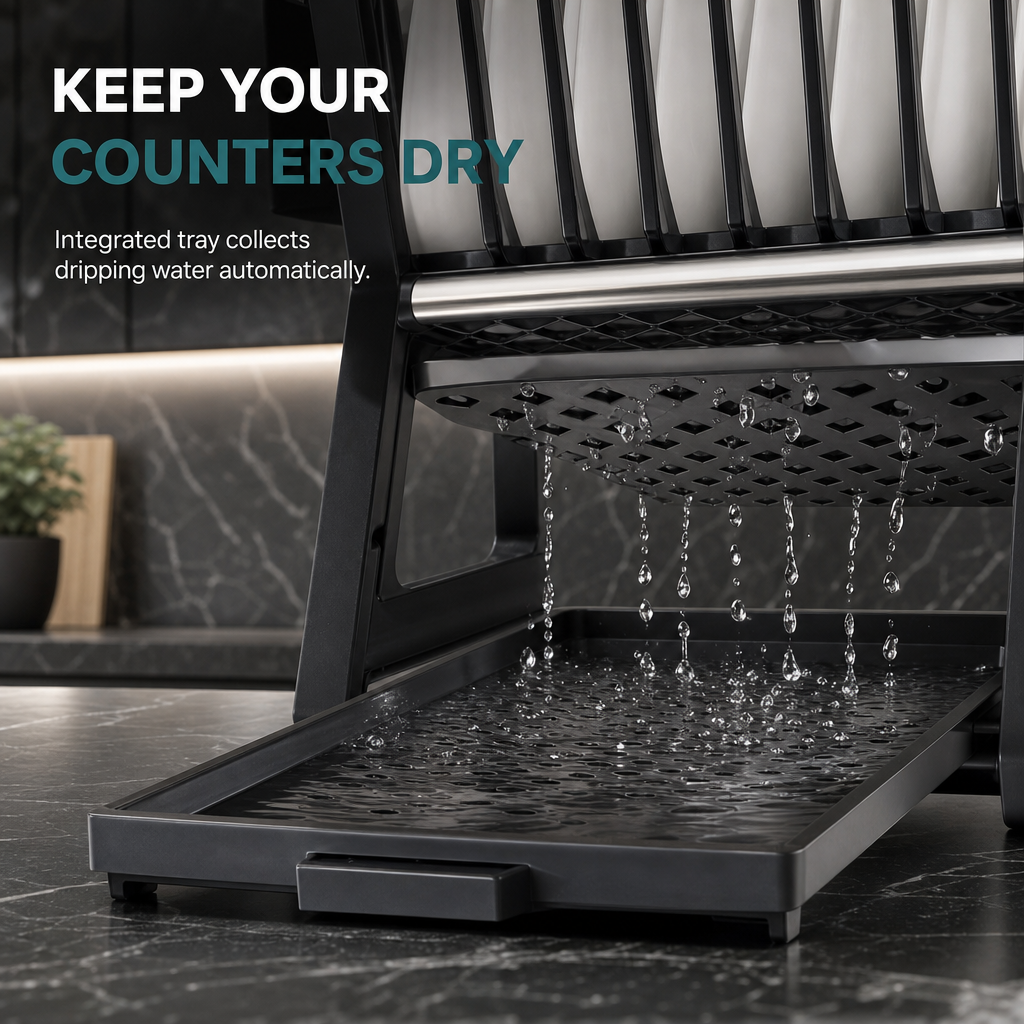 🍽️ Multi-Layer Steel Dish Drying Rack – Vertical Storage, Drip Tray, Tool-Free Install ✨