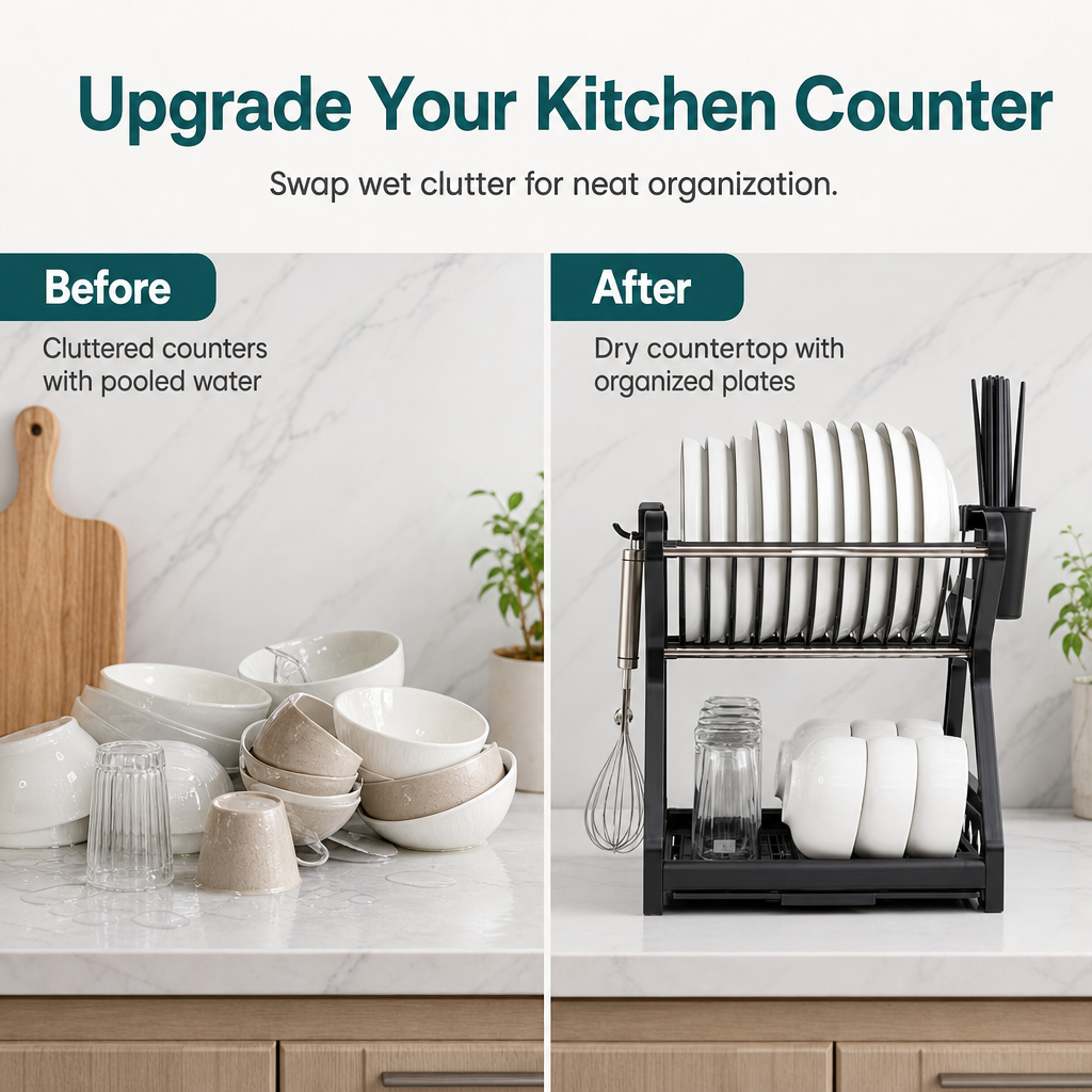 🍽️ Multi-Layer Steel Dish Drying Rack – Vertical Storage, Drip Tray, Tool-Free Install ✨