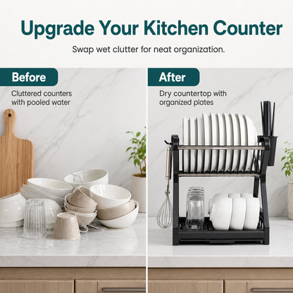 🍽️ Multi-Layer Steel Dish Drying Rack – Vertical Storage, Drip Tray, Tool-Free Install ✨