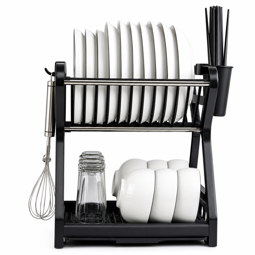 🍽️ Multi-Layer Steel Dish Drying Rack – Vertical Storage, Drip Tray, Tool-Free Install ✨