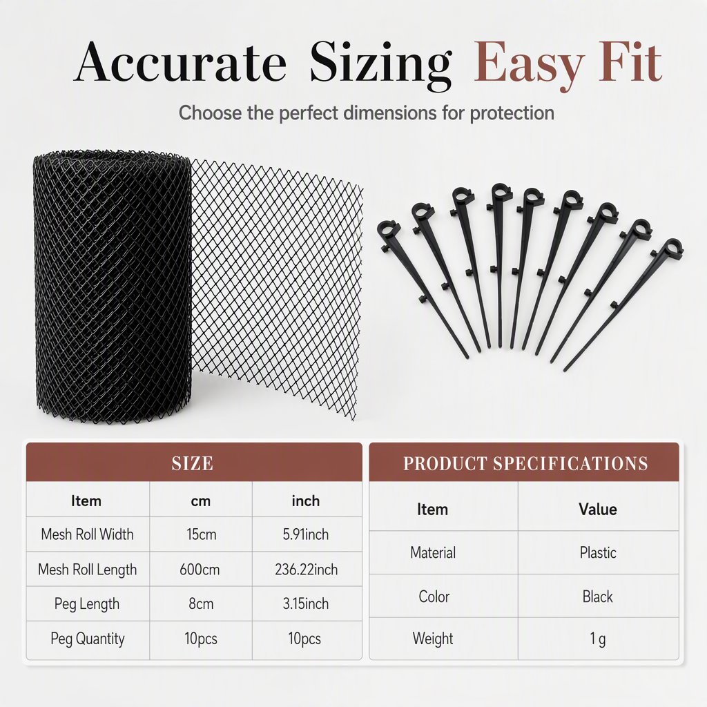 Thickened Plastic Gutter Guard Mesh Roll 15cm x 6m Leaf Filter Net with 10 Fixing Pegs for Roof Eaves Protection