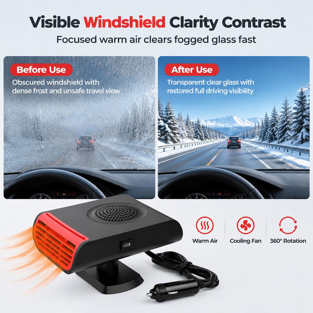 ❄️12V Car Windshield Defroster Defogger Fan – Portable Auto Heater with 360° Rotating Base, Fast Window Ice & Fog Removal for Vehicle